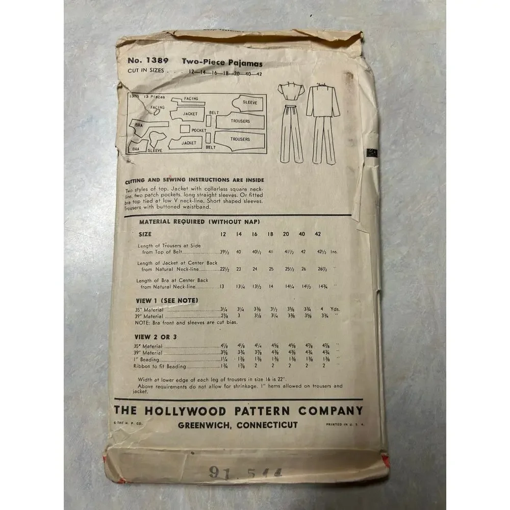 Vintage 1940's Hollywood Pattern #1389 Women's Beach Pajamas‎ Lounging Pants 42